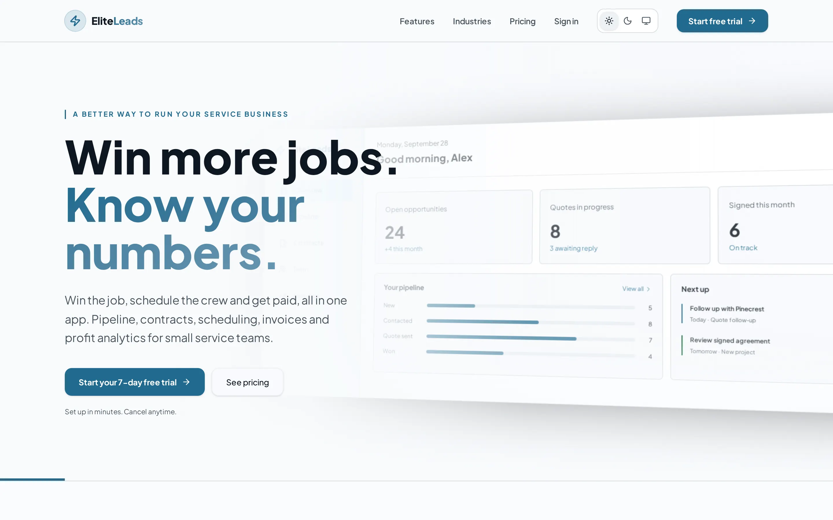 Elite Leads light-mode homepage with sales dashboard