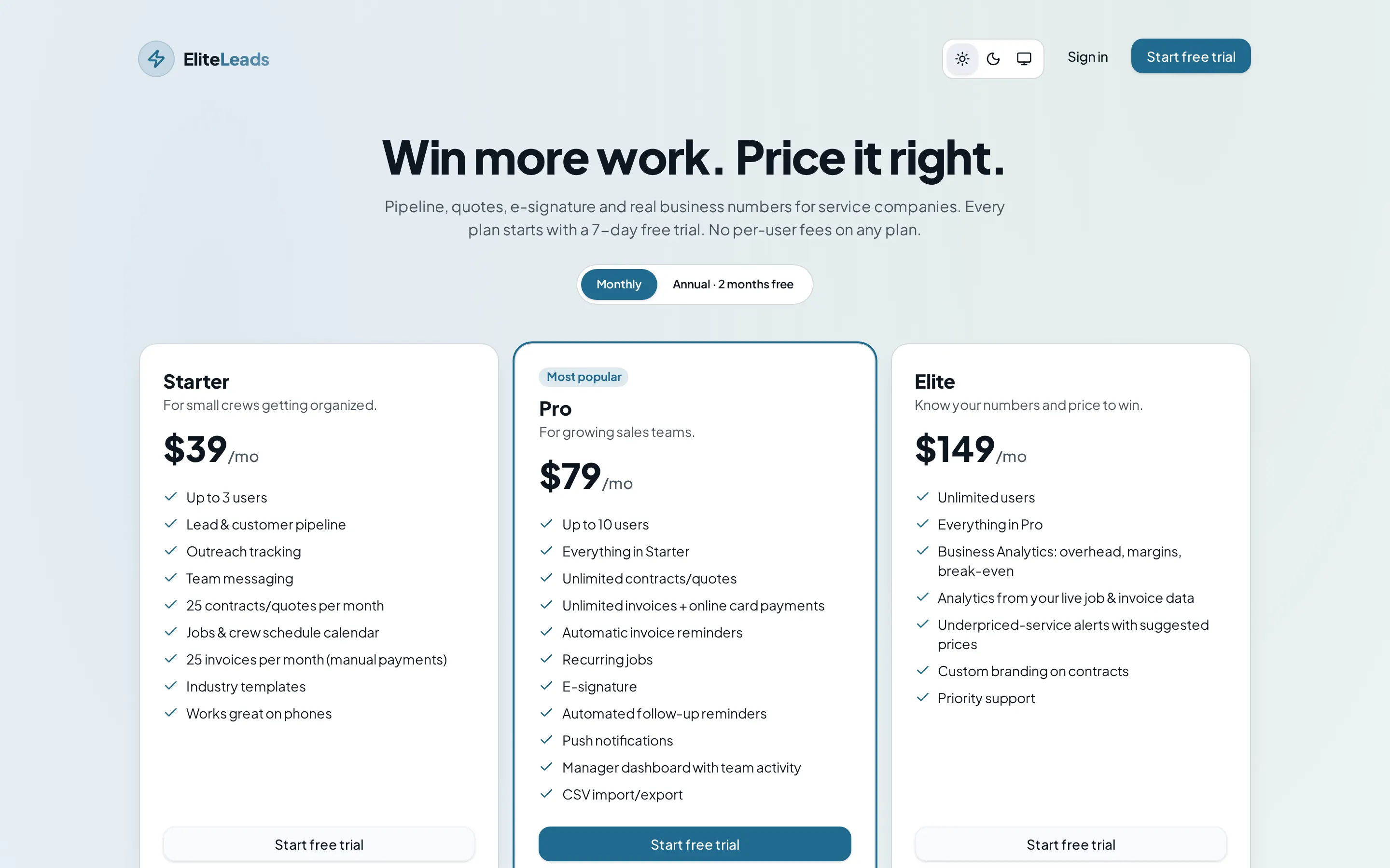 Elite Leads pricing page with Starter, Pro and Elite plans