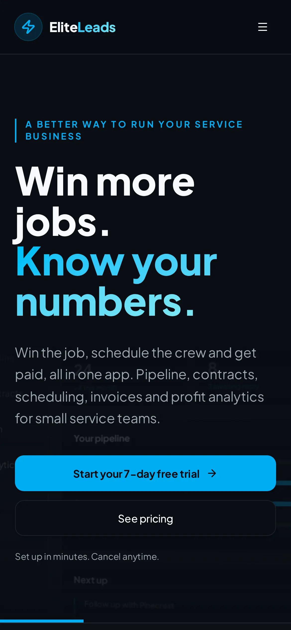 Elite Leads mobile homepage shown on a phone
